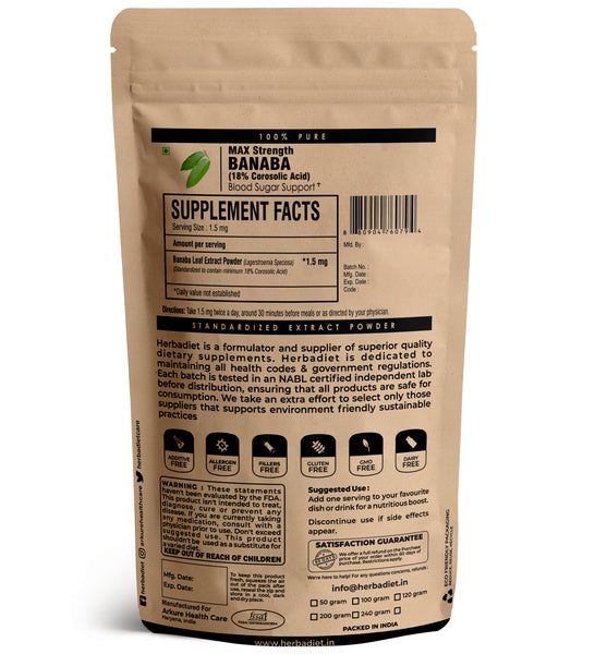 Banaba Leaf Extract Powder HIGH POTENCY 18% Corosolic Acid Blood Sugar ...