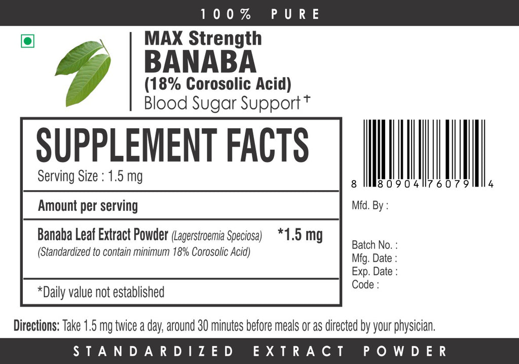 Banaba Leaf Extract Powder HIGH POTENCY 18% Corosolic Acid Blood Sugar ...