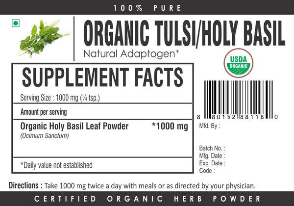 Organic Tulsi Holy Basil Powder, Ocimum Sanctum, With Ursolic Acid - Natural Stress & Immunity Support, 2000mg, Herbadiet