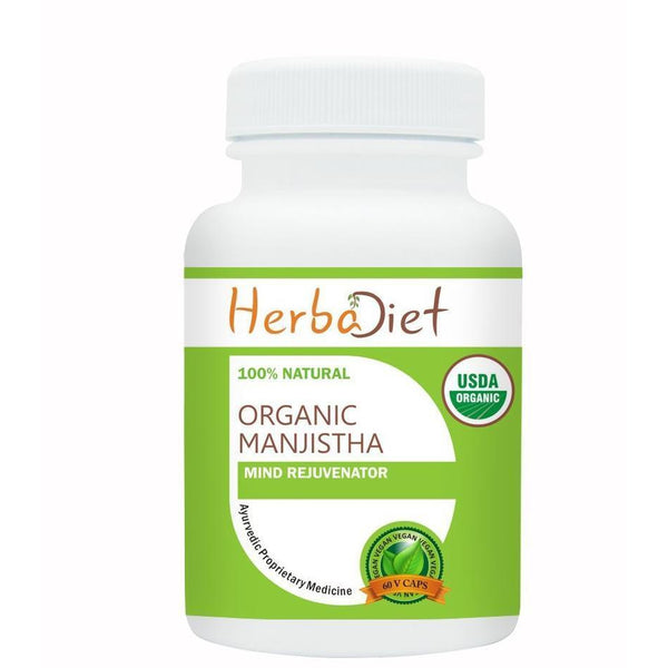 Organic Single Herb Capsules - Herbadiet USDA Manjistha 400mg Rubia Cordifolia Veg Capsules Blood Purifier