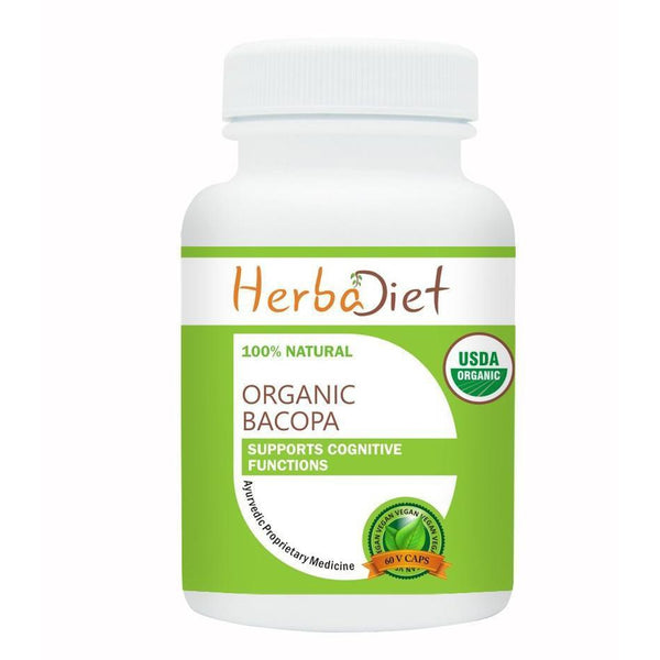 Organic Single Herb Capsules - Herbadiet USDA Organic Bacopa Monnieri 400mg Veg Brahmi Capsules Memory Supplement